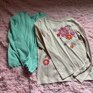 Girls' Long Sleeve Flower Graphic Tee & Green Ribbed Top - 2-Pack